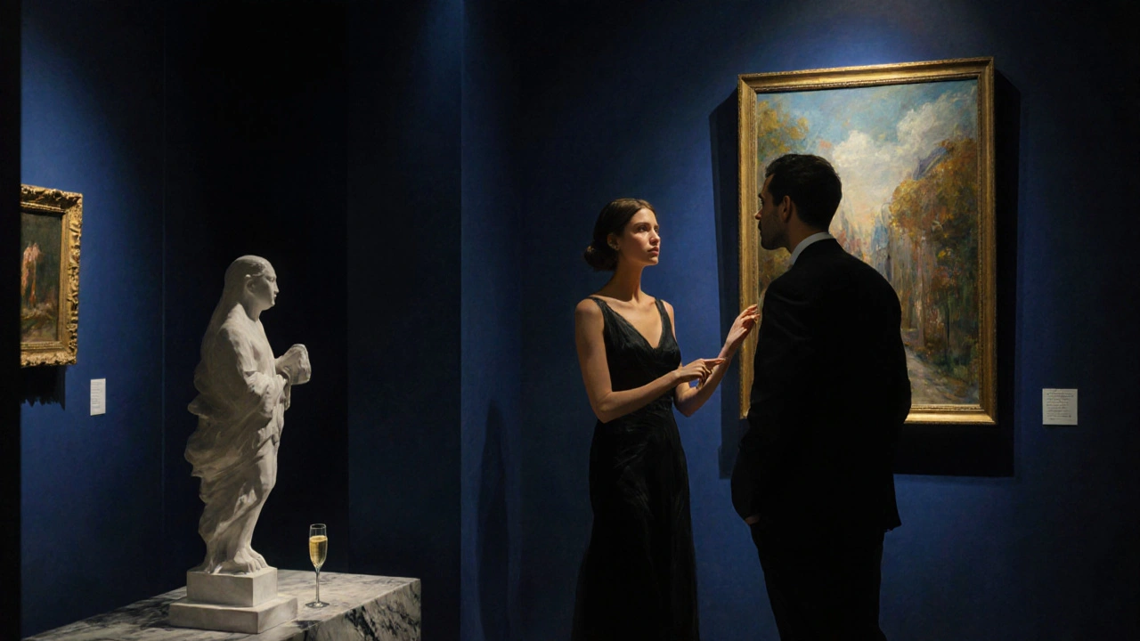 A couple examining art in a private gallery after hours, illuminated by soft spotlights.