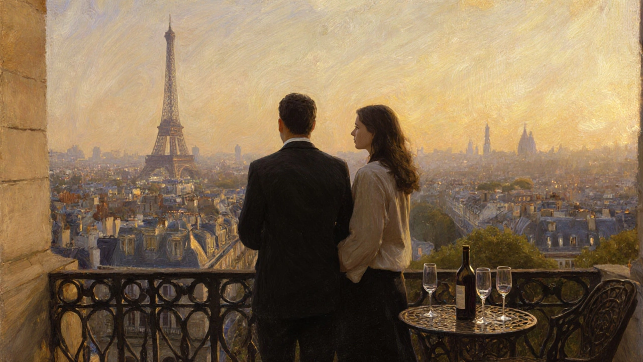 A couple on a Montmartre balcony at sunset, Paris lights glowing softly in the distance.