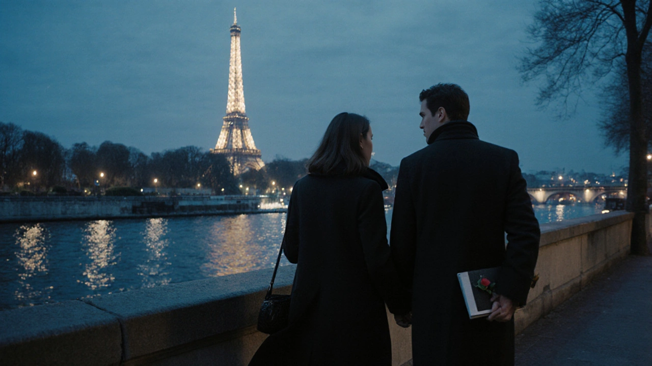 A couple walking silently along the Seine at night, the Eiffel Tower glowing softly in the distance.