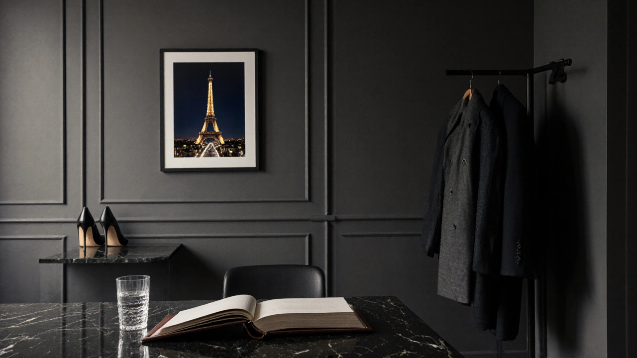 A discreet luxury escort agency office in Paris with minimalist decor and subtle signs of professionalism.