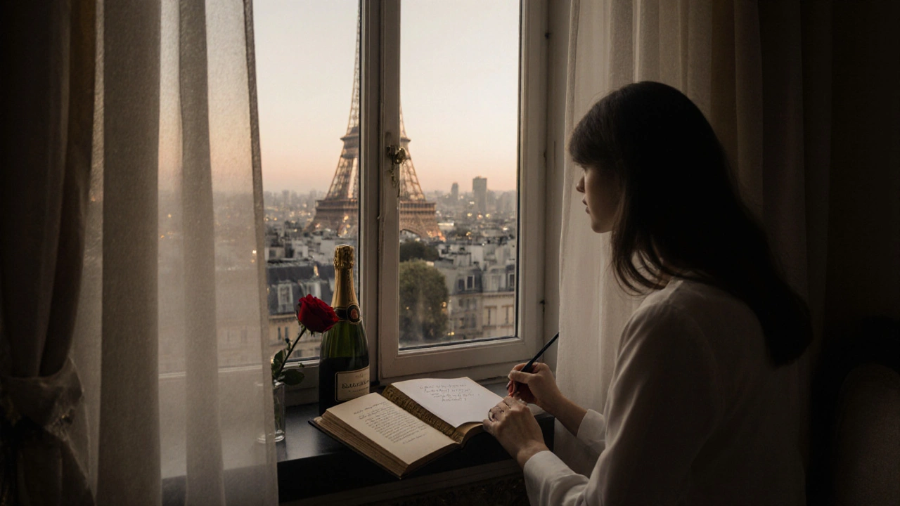 A handwritten note and rose beside champagne on a windowsill overlooking Paris at night.