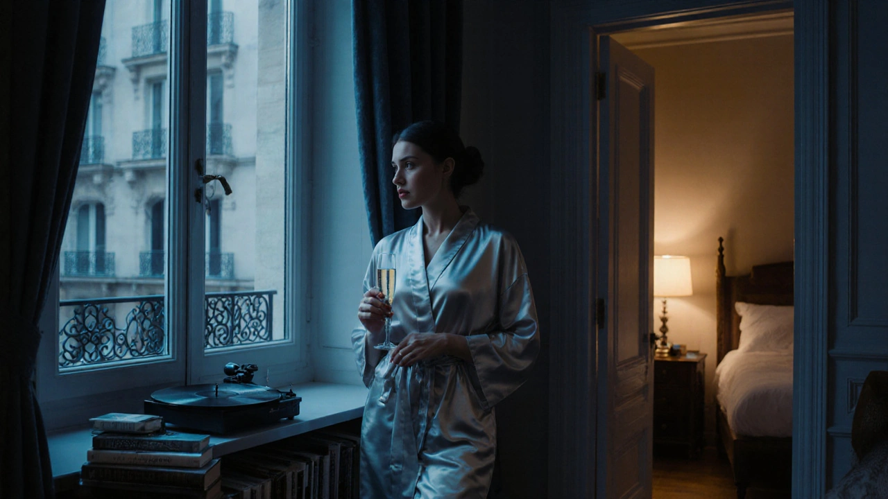 A poised woman in a silk robe standing by a window in a luxurious Paris apartment, evening light filtering through.