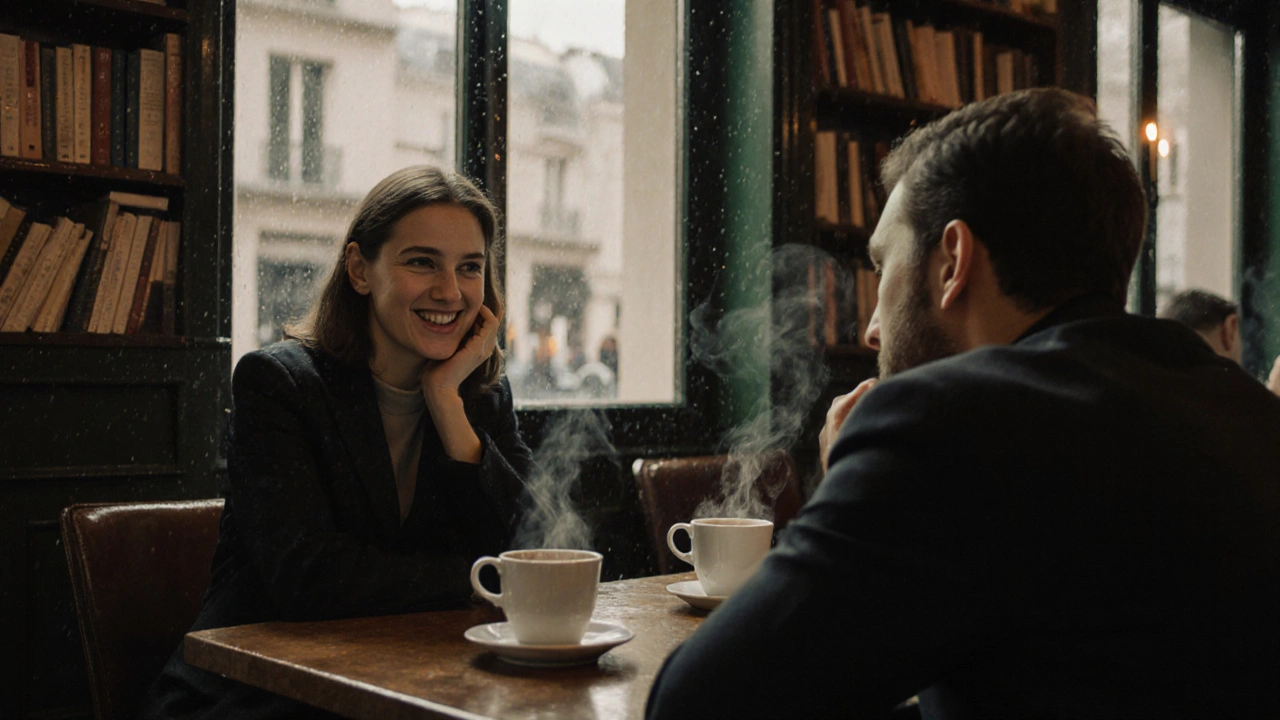 A thoughtful woman and man talking in a cozy Paris café, rain on the window, books and candlelight around them.