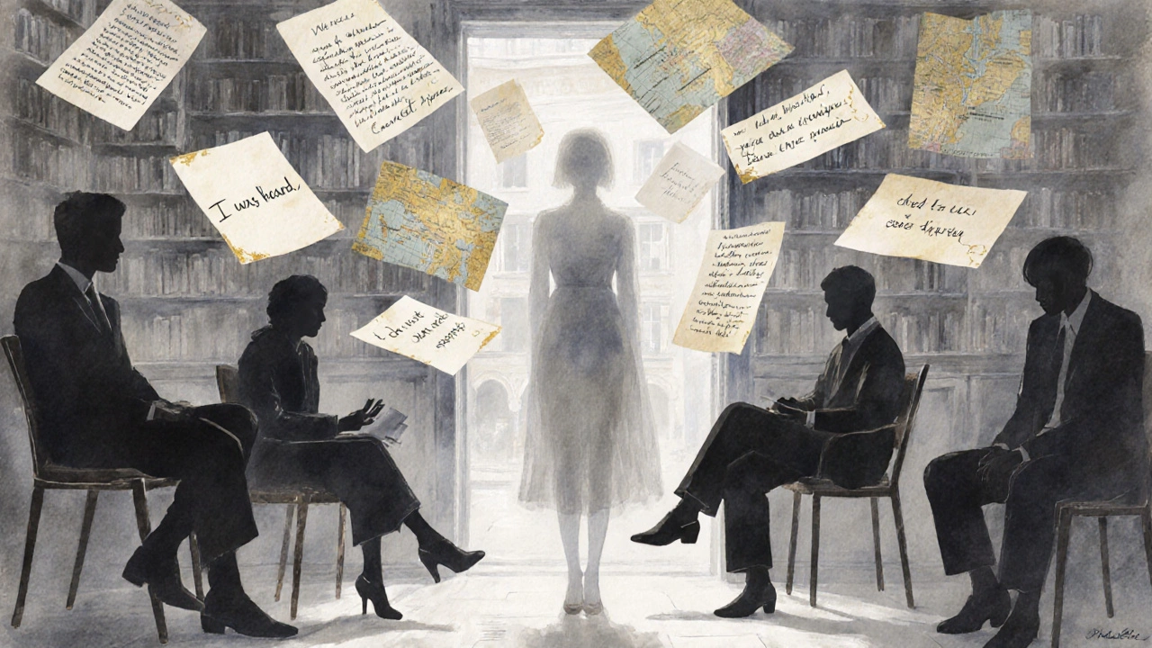 A woman in a bookstore is surrounded by floating pages with words like 'I was heard' and 'I didn’t need saving.'