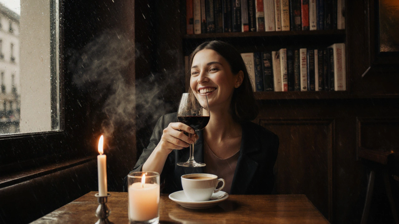 A woman laughs softly in a cozy Paris bistro, steam rising from her coffee under warm candlelight.