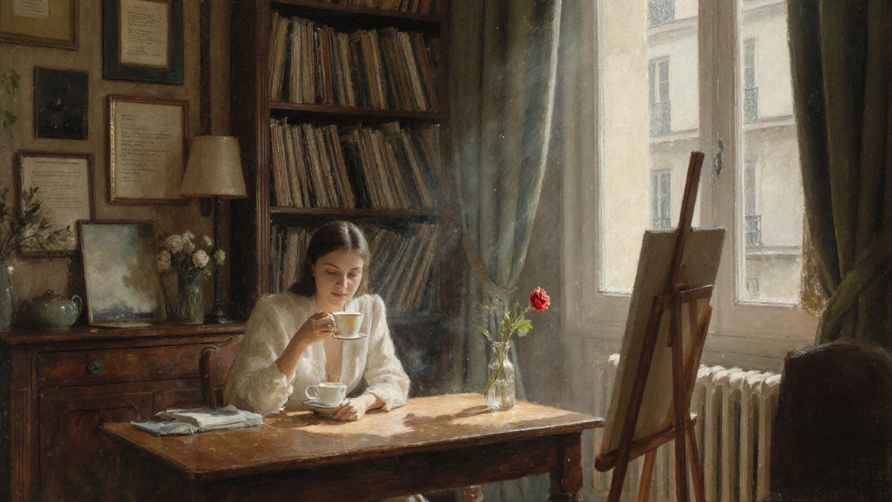A woman sits quietly in a Parisian apartment surrounded by books and vinyl records, sipping tea by the window.