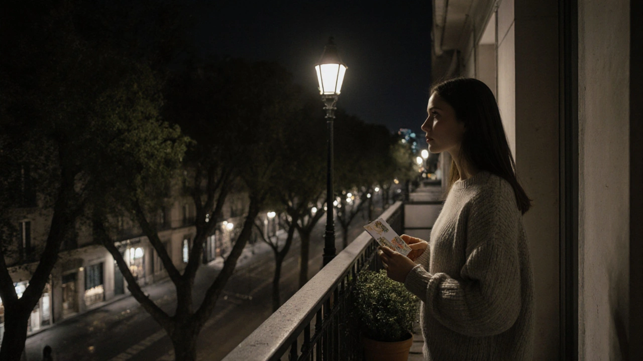 A woman stands alone on a quiet balcony at night, holding a postcard as city lights shimmer below.