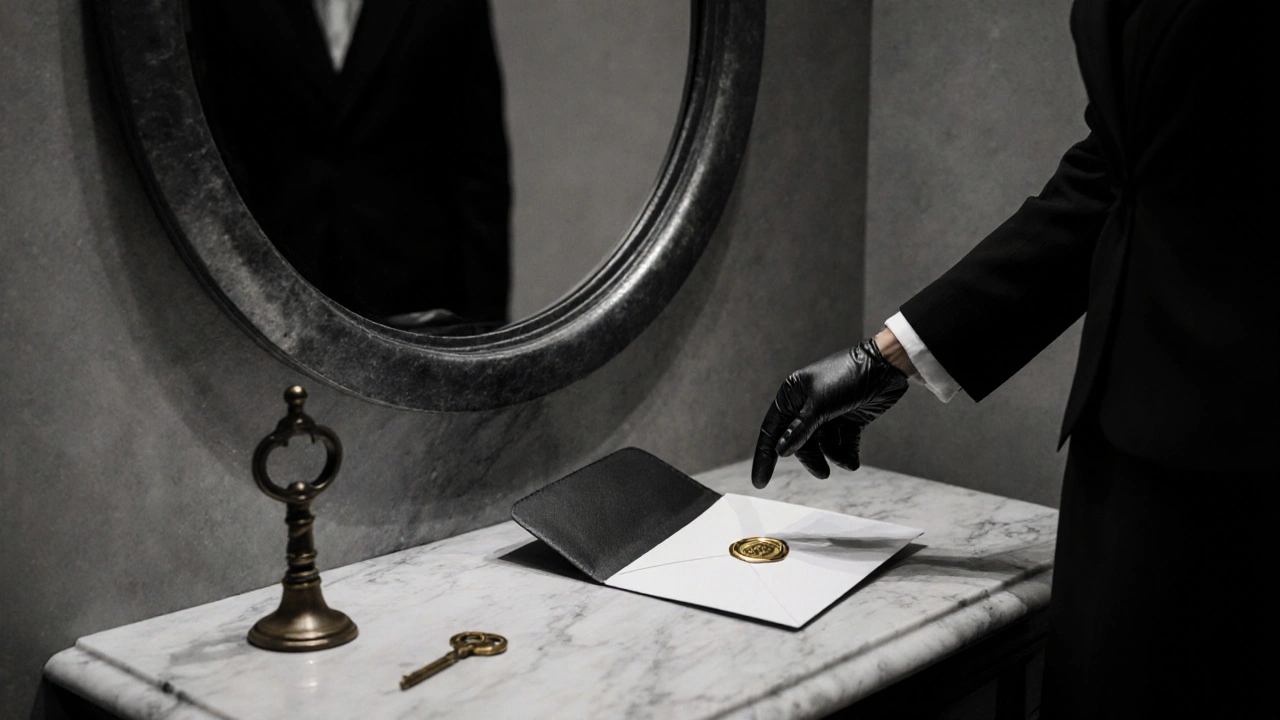 Black‑and‑white scene of a sealed envelope and key on a marble table suggesting a discreet exchange.