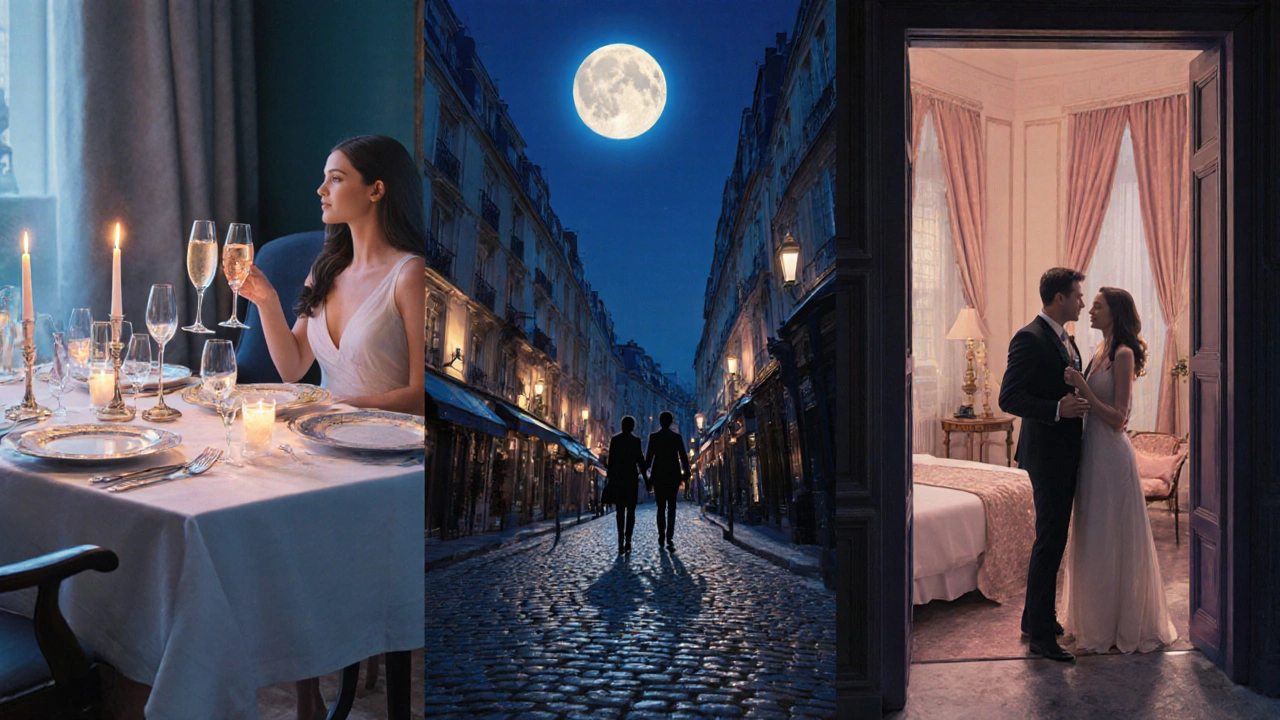 Collage of dinner, street stroll, and hotel doorway showing a classy Paris night.