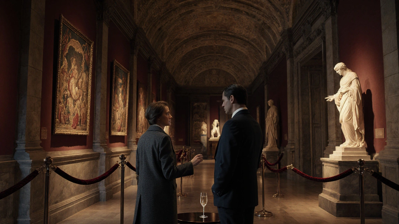 Companion leading a client through a dimly lit museum gallery with champagne on a table.