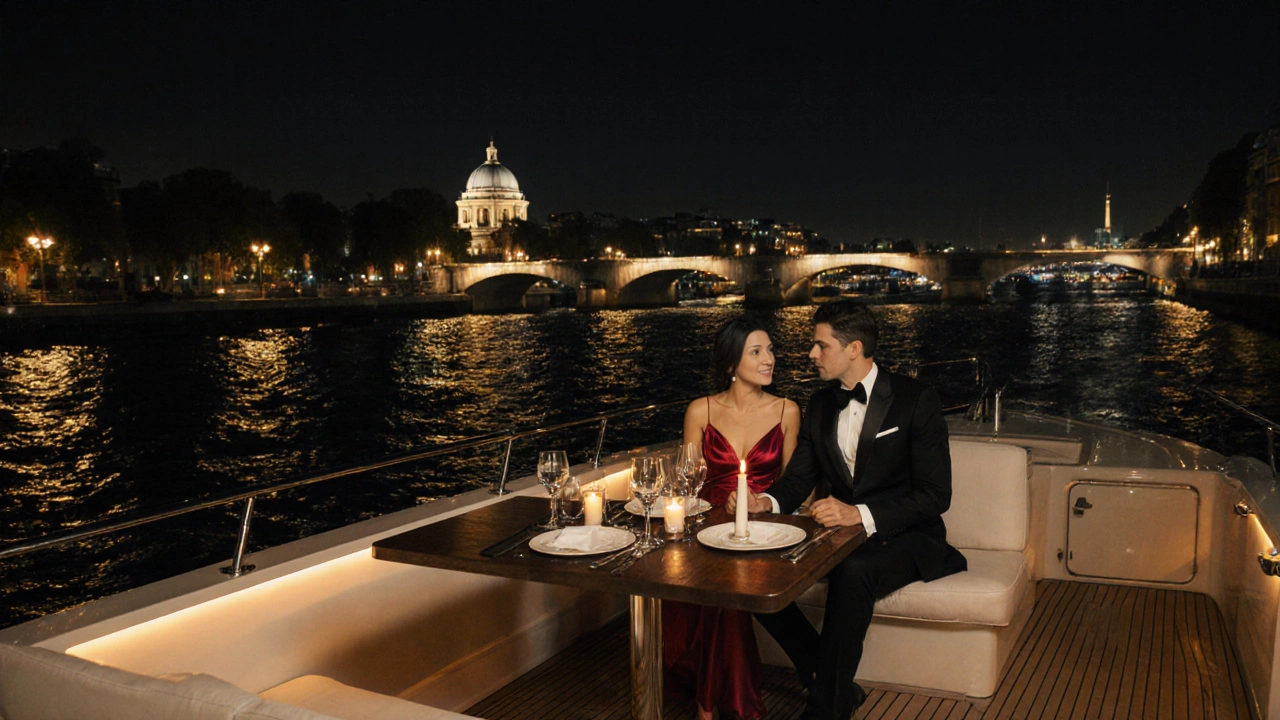 Couple dining on a private yacht at night on the Seine with city lights reflected.