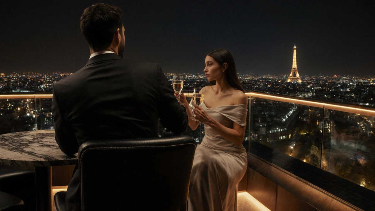 Couple enjoying champagne at a rooftop bar with panoramic Paris city lights and the Eiffel Tower.