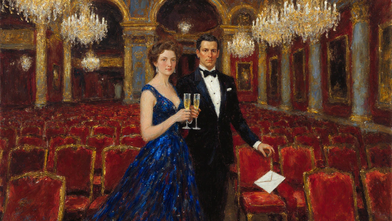 Couple in formal attire enjoying an evening at the Opéra Garnier.