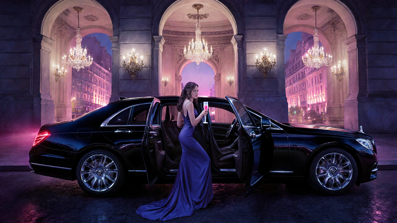 Elegant companion steps out of a black limousine with champagne at a luxury hotel.