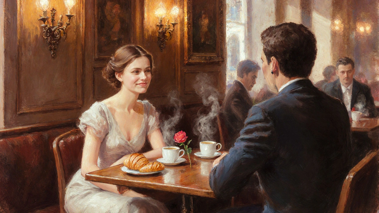 Elegant woman and man sharing coffee in a warm, cozy Paris café.