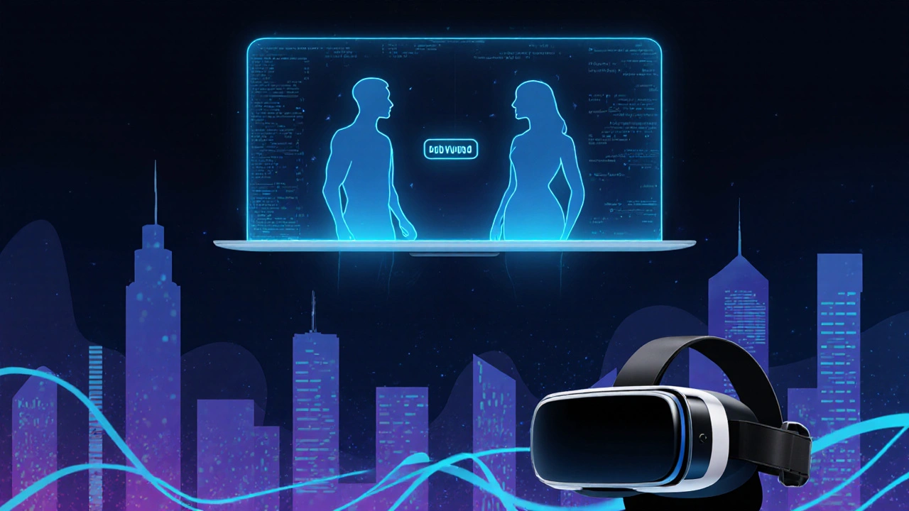 Futuristic digital interface showing silhouettes, VR headset, and AI matchmaking lines.