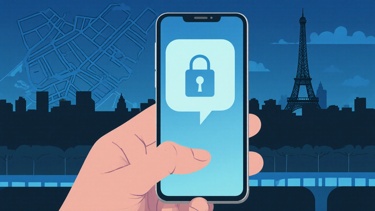 Hand holding phone with encrypted chat icon against Paris night skyline.
