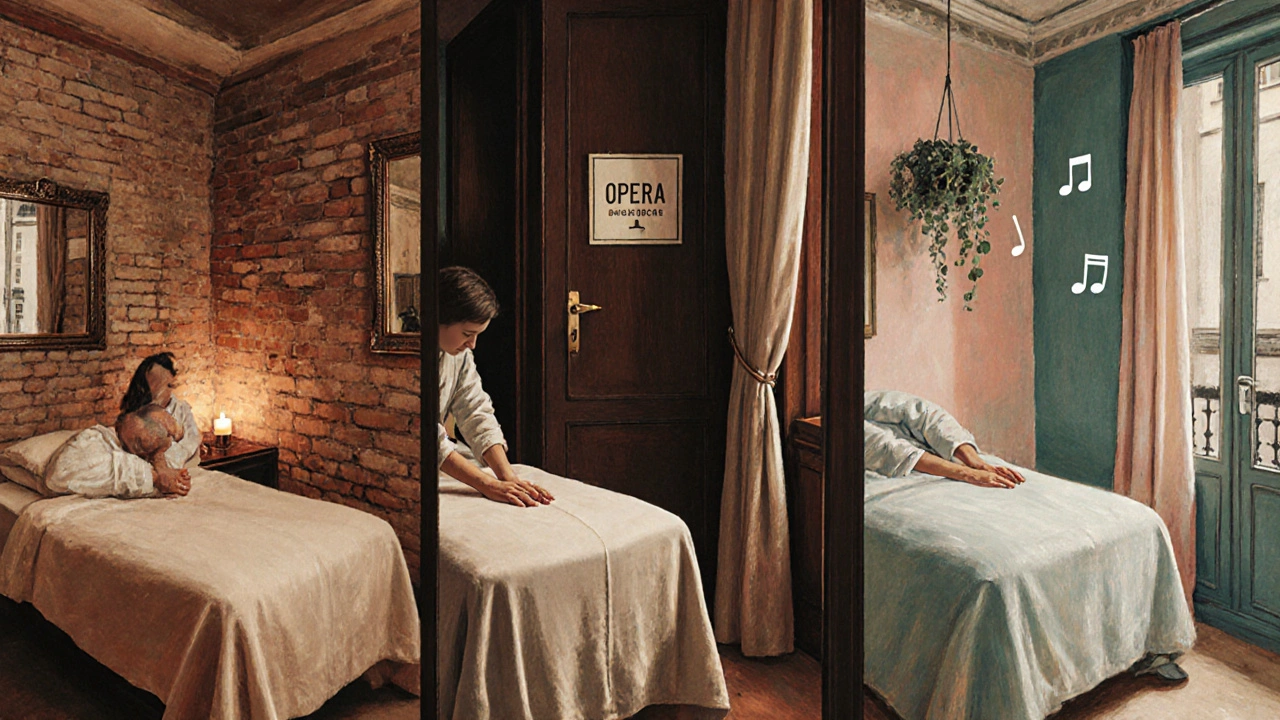 Impressionist illustration of three Paris district massage rooms, each with distinct ambience and gentle touch.