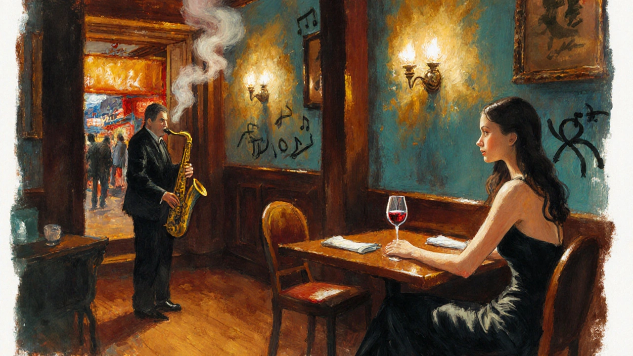 Intimate jazz bar with a woman in a black dress at a candlelit table, saxophonist playing.