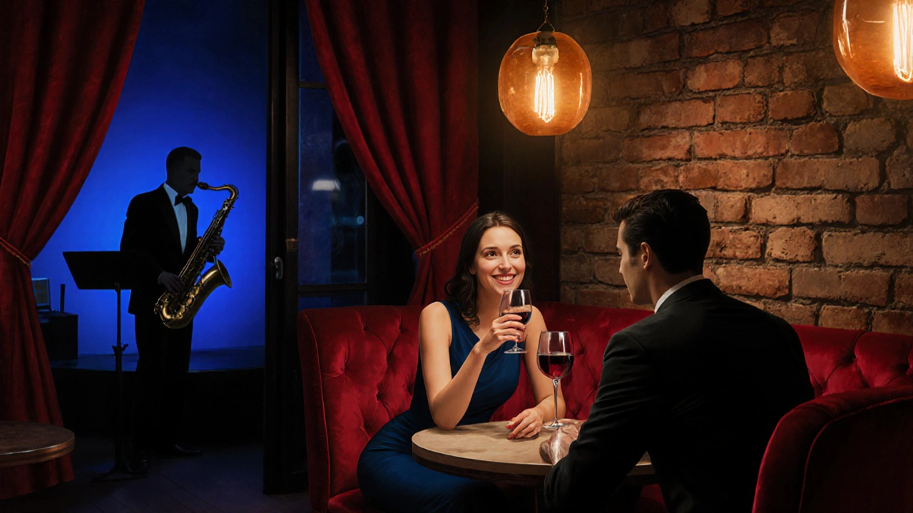 Intimate jazz club scene with a couple enjoying wine and music under warm amber lighting.