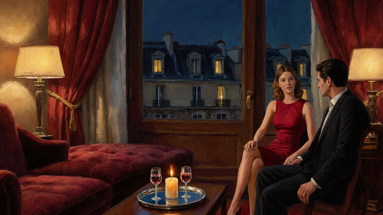 Intimate lounge with a woman in a red dress and a man sharing wine near a window view of Paris.