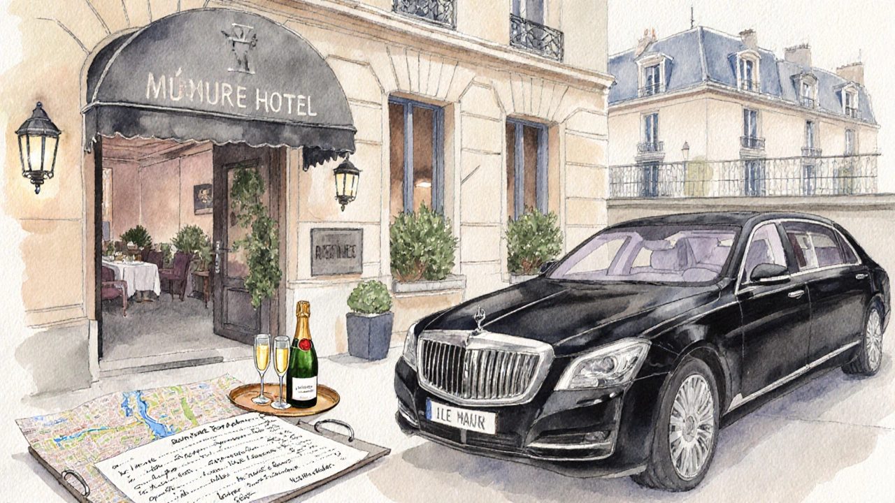 Limousine with champagne and itinerary beside a hidden Parisian passage.