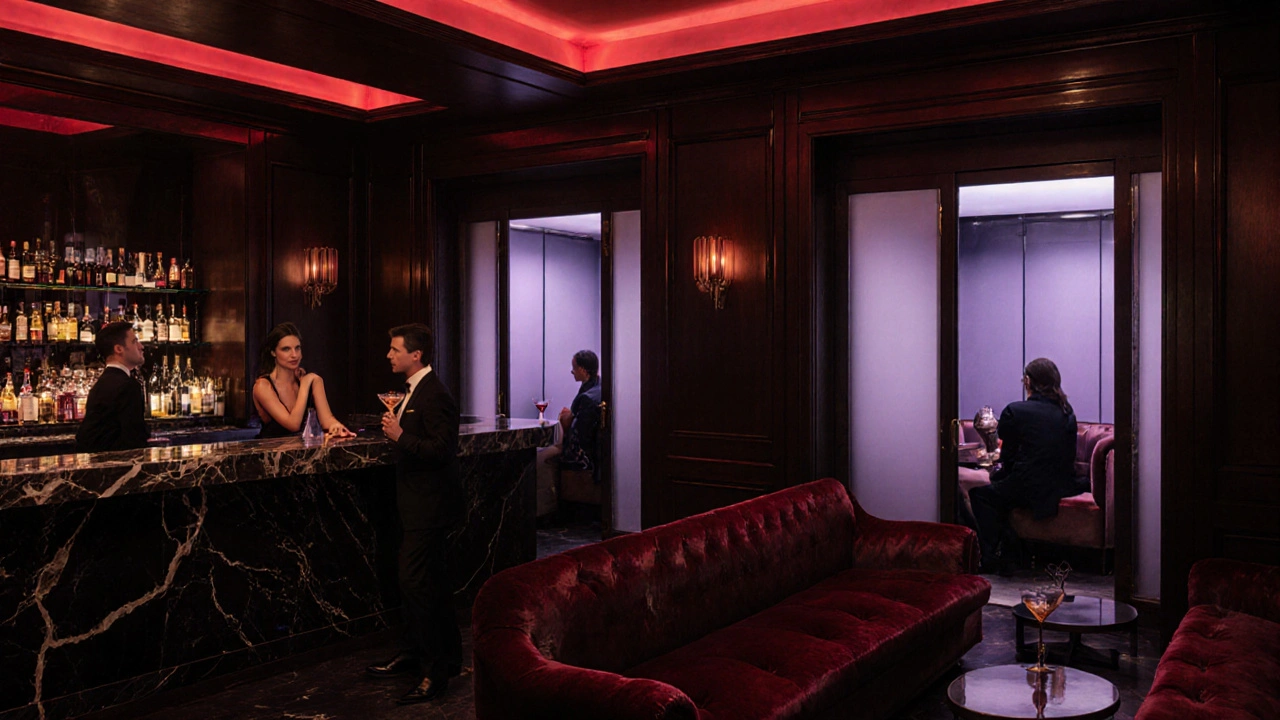 Luxurious interior of a modern Paris adult club with velvet seating and ambient lighting.
