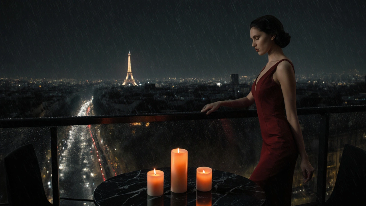 Luxury rooftop terrace with candlelight, city lights, and a woman in a red dress exuding mystery.
