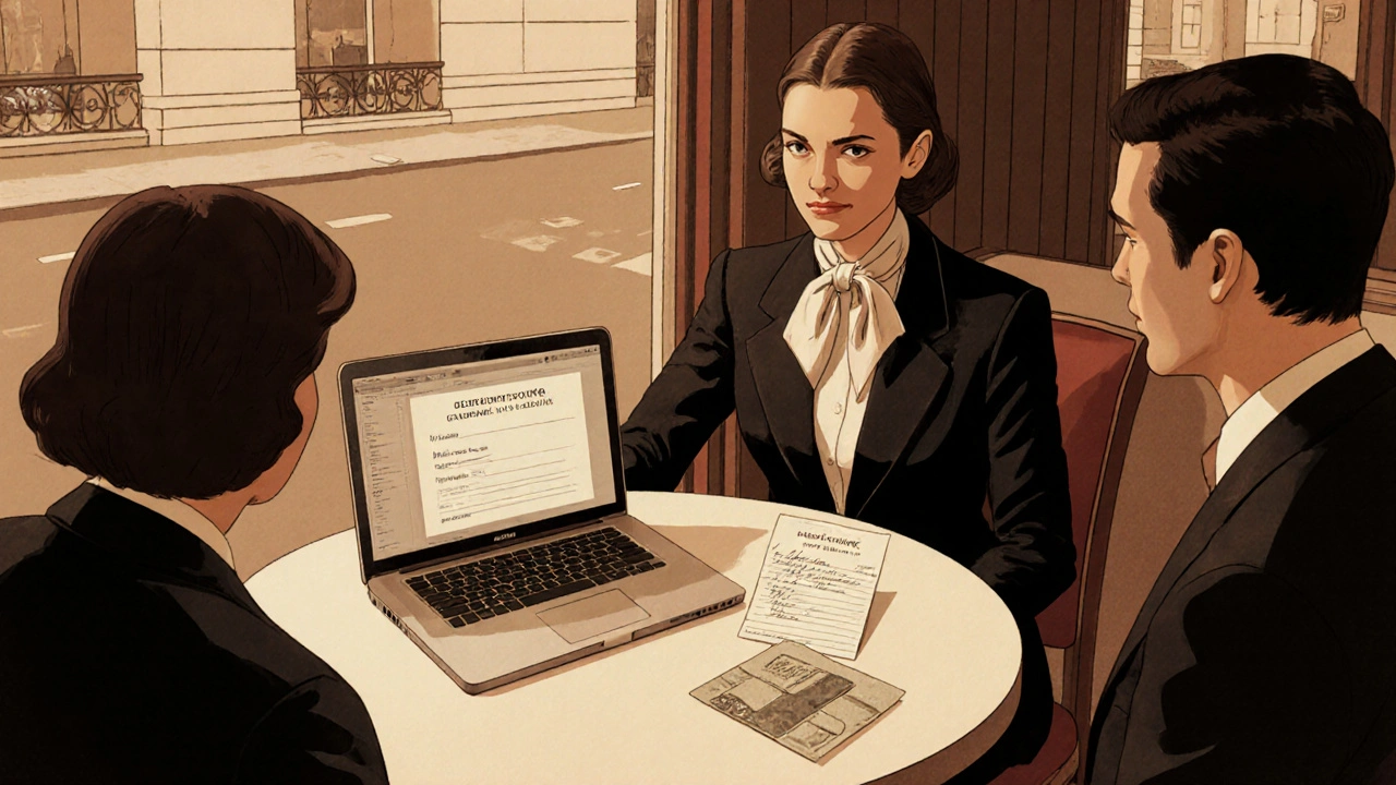 Model and client meeting discreetly at a Paris café with reservation details.