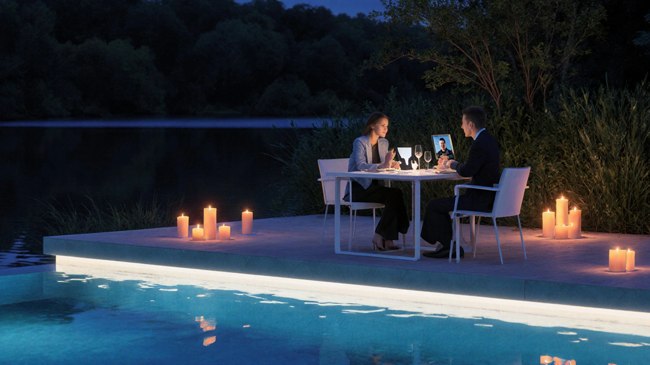 Modern lakeside dinner with candles and a tablet hinting at virtual companion.