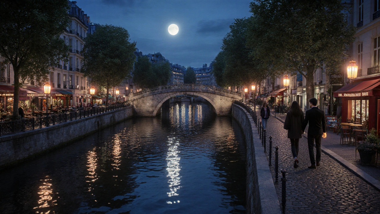Nighttime canal scene with a couple walking by lanterns, historic bridges reflected in water.