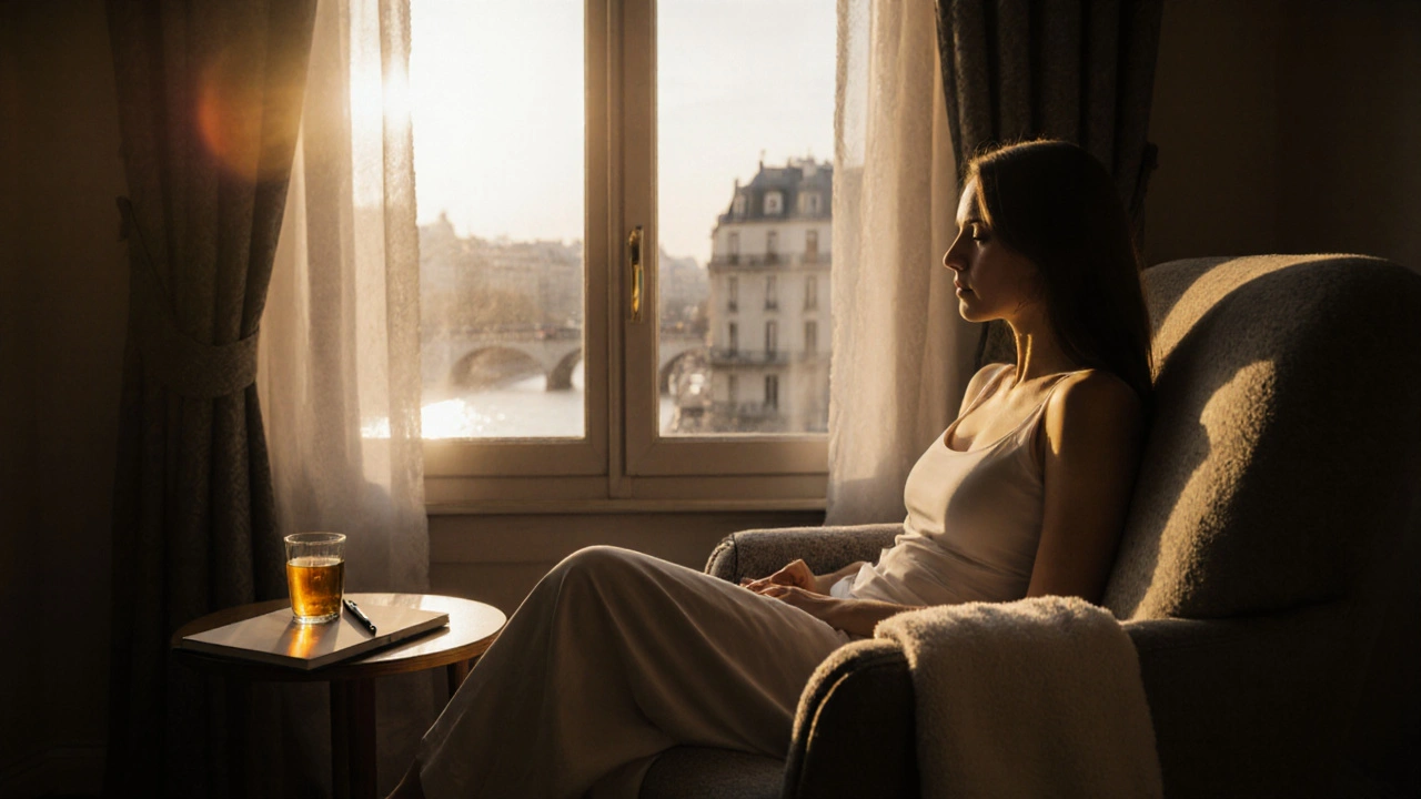 Post‑massage scene with a client sipping tea, journaling, and sunrise light through a Paris window.