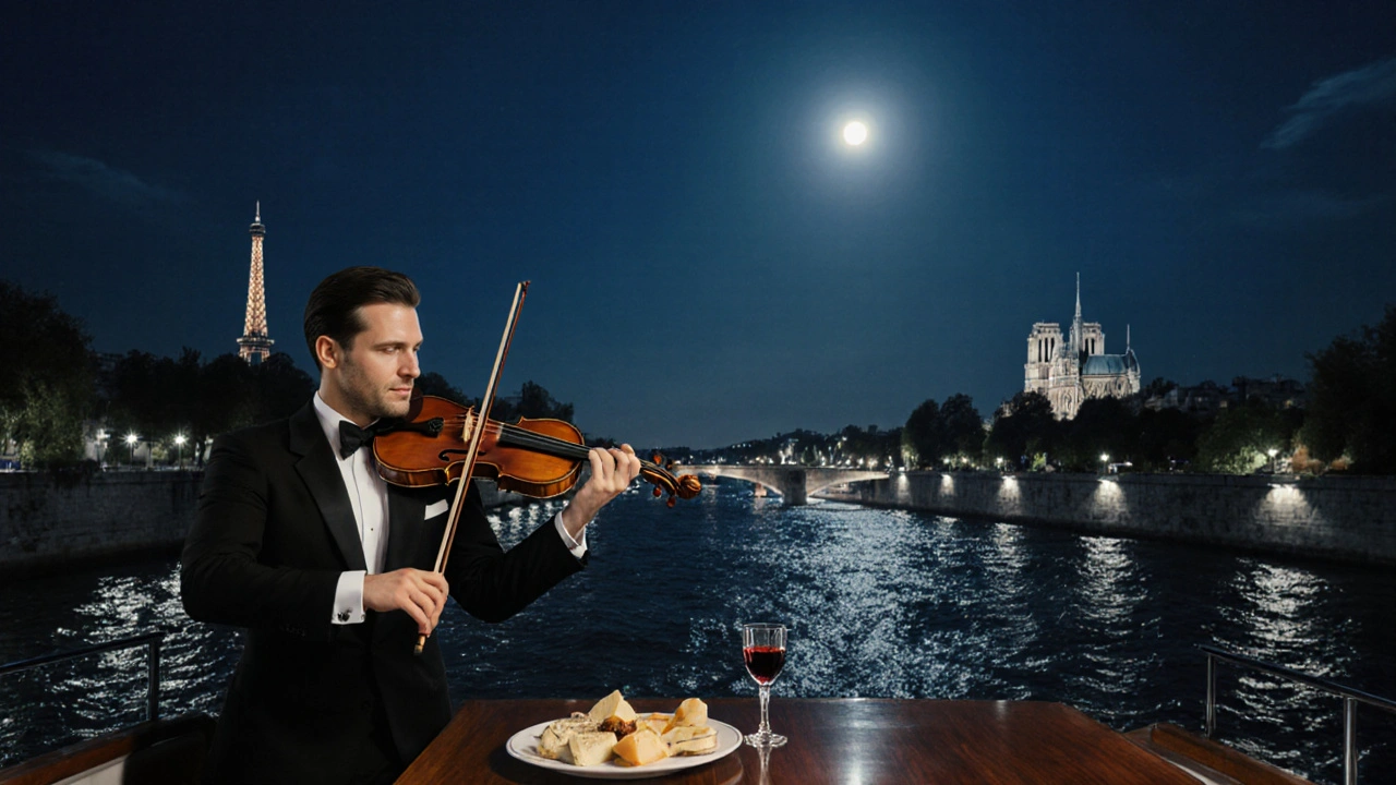Private Seine cruise at night with violinist, cheese platter, and city lights.