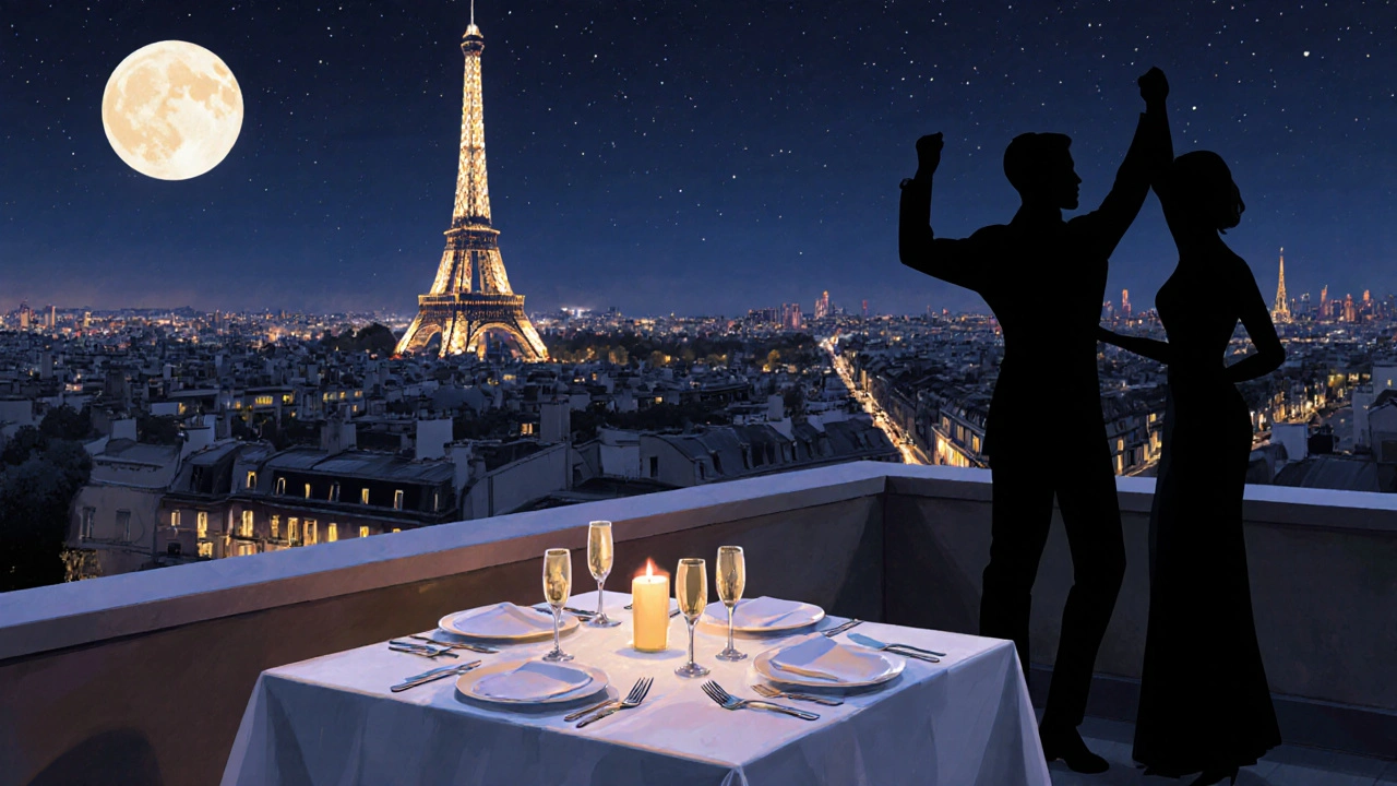 Romantic rooftop dinner with Eiffel Tower view, candles and a dancing couple.
