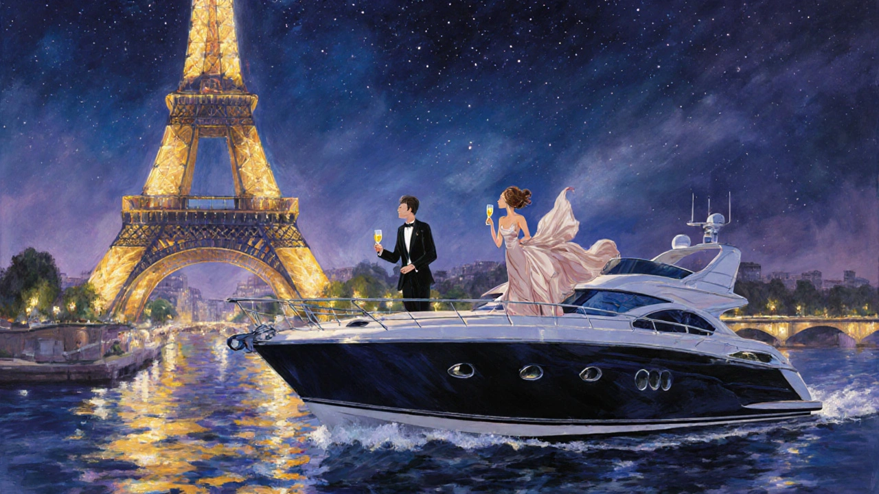 Romantic yacht cruise on the Seine at night with the Eiffel Tower lit and a stylish couple on deck.