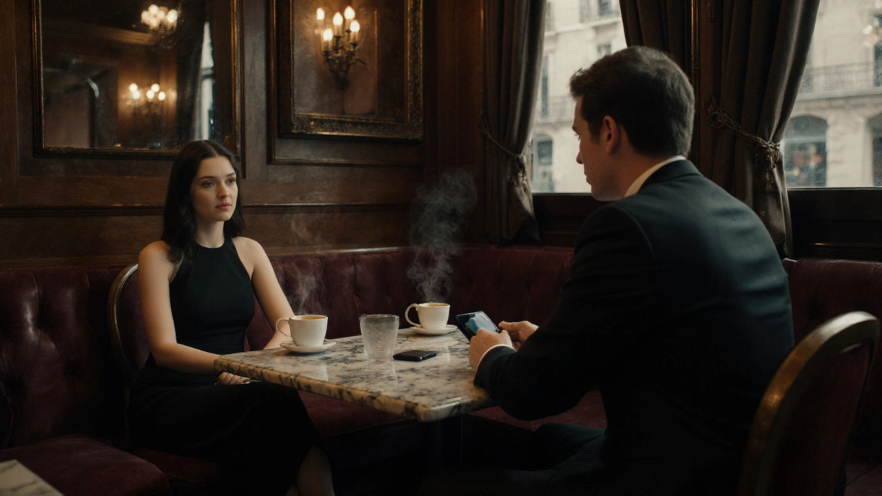 Stylish companion and client meeting at a cozy Paris café near the opera.