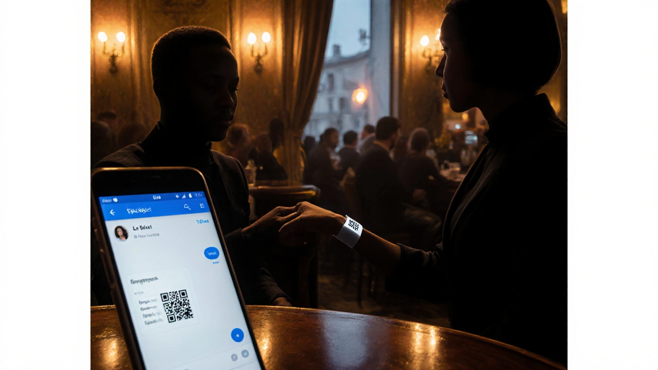 Two figures exchange a discreet wristband in an upscale bar, symbolizing safety check‑in.