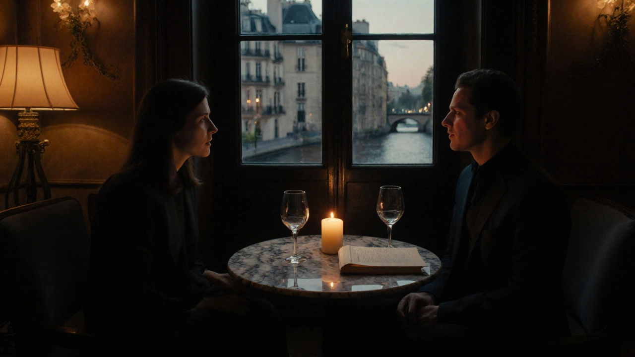 Two people engaged in quiet conversation at a candlelit table in Saint-Germain, Seine visible through the window.