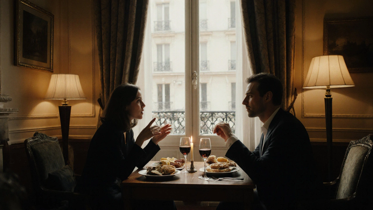 Two people share a quiet dinner in a modest hotel room, candlelight casting warm shadows.