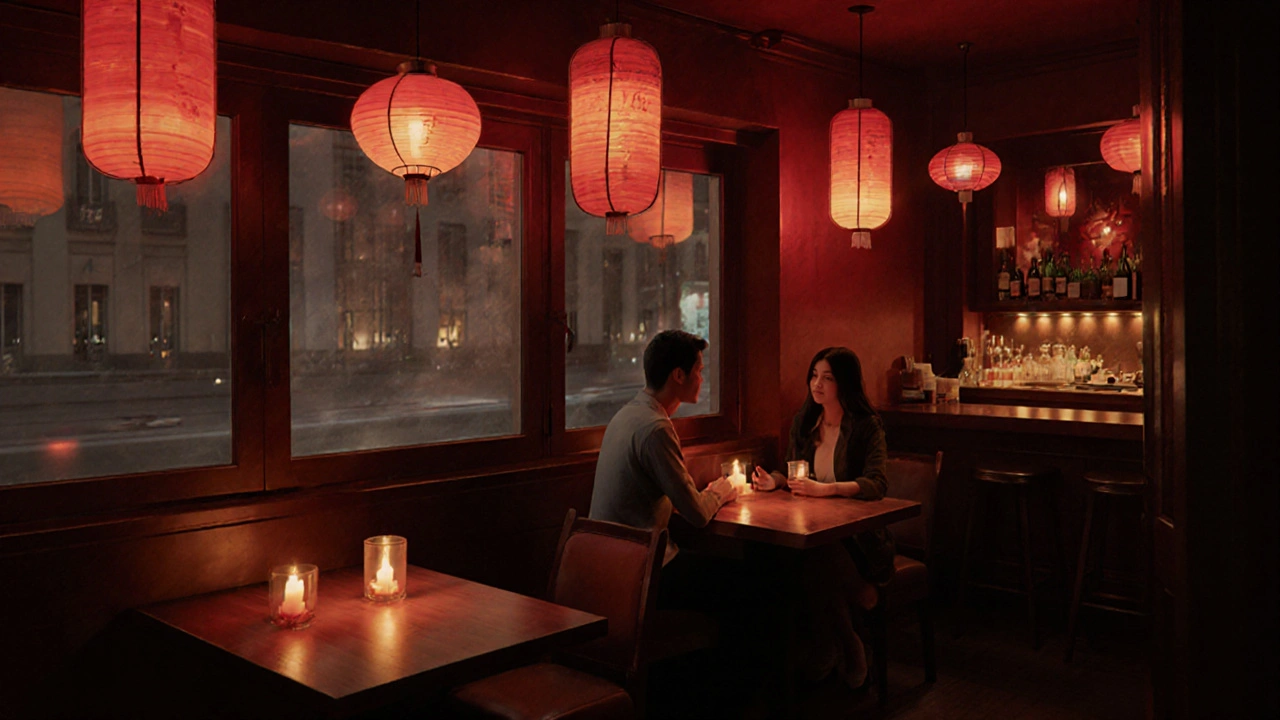 Warm-lit interior of an Asian bistro with a couple at a table.