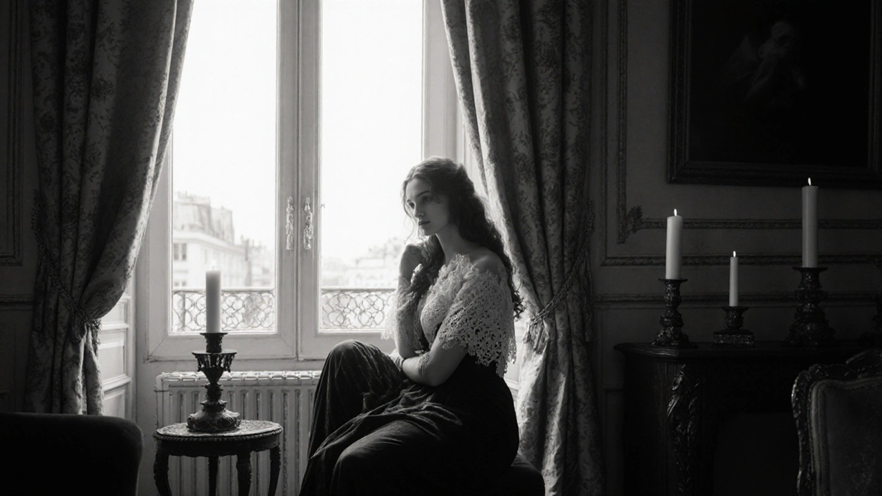 A black-and-white portrait of a woman in lace and velvet, softly lit by candlelight in a historic Parisian apartment.