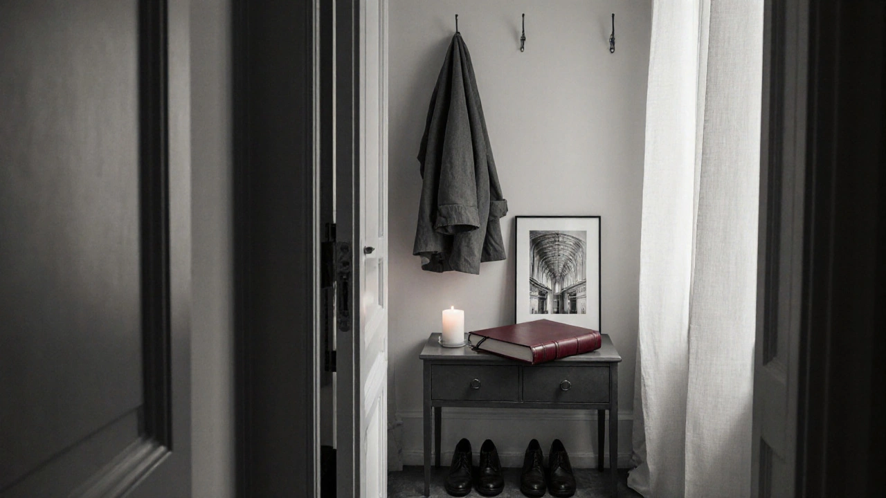 A closed apartment door slightly ajar, revealing a journal and candle on a nightstand, symbolizing privacy and reflection.