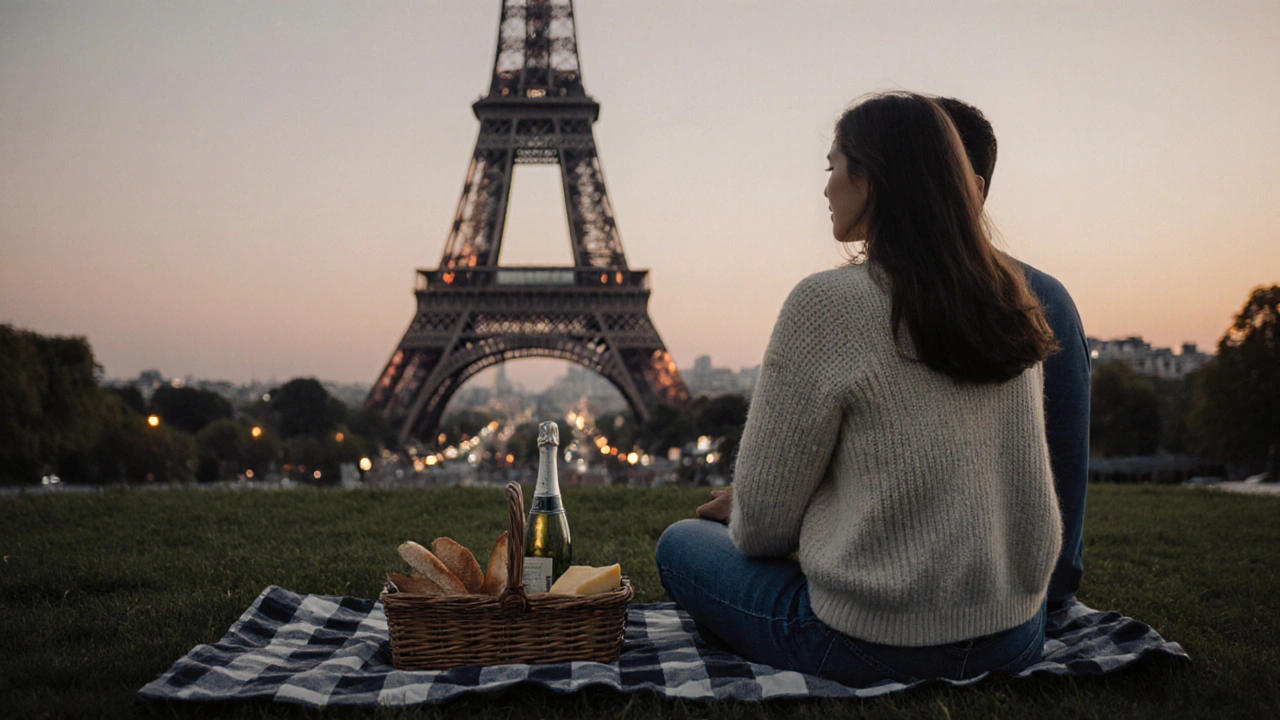 A couple enjoys a quiet picnic under the Eiffel Tower at twilight, with wine and cheese on a blanket, no devices in sight.