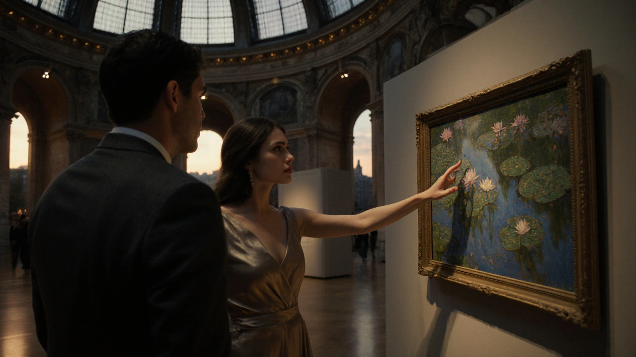 A couple privately views a Monet painting in the empty Musée d&#039;Orsay at dusk, lit by soft gallery lights.