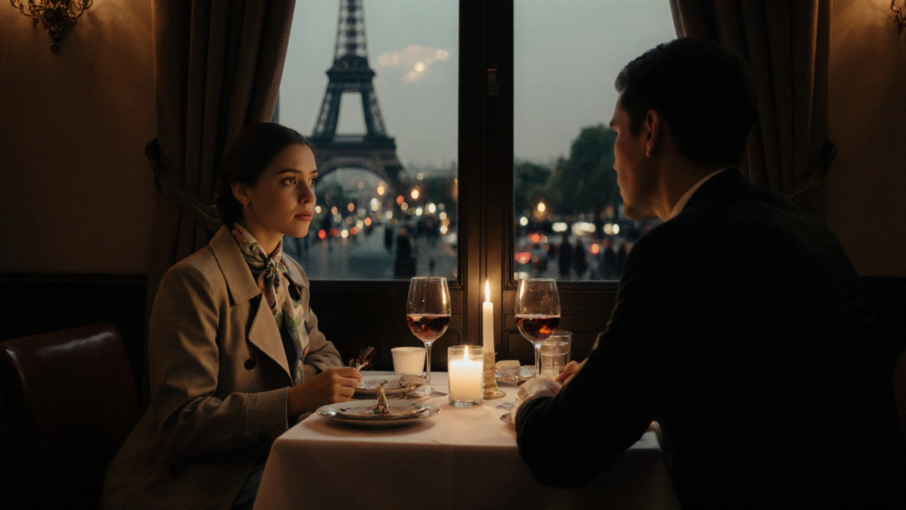 A couple sharing wine at a candlelit table in Paris, Eiffel Tower visible in the distance.