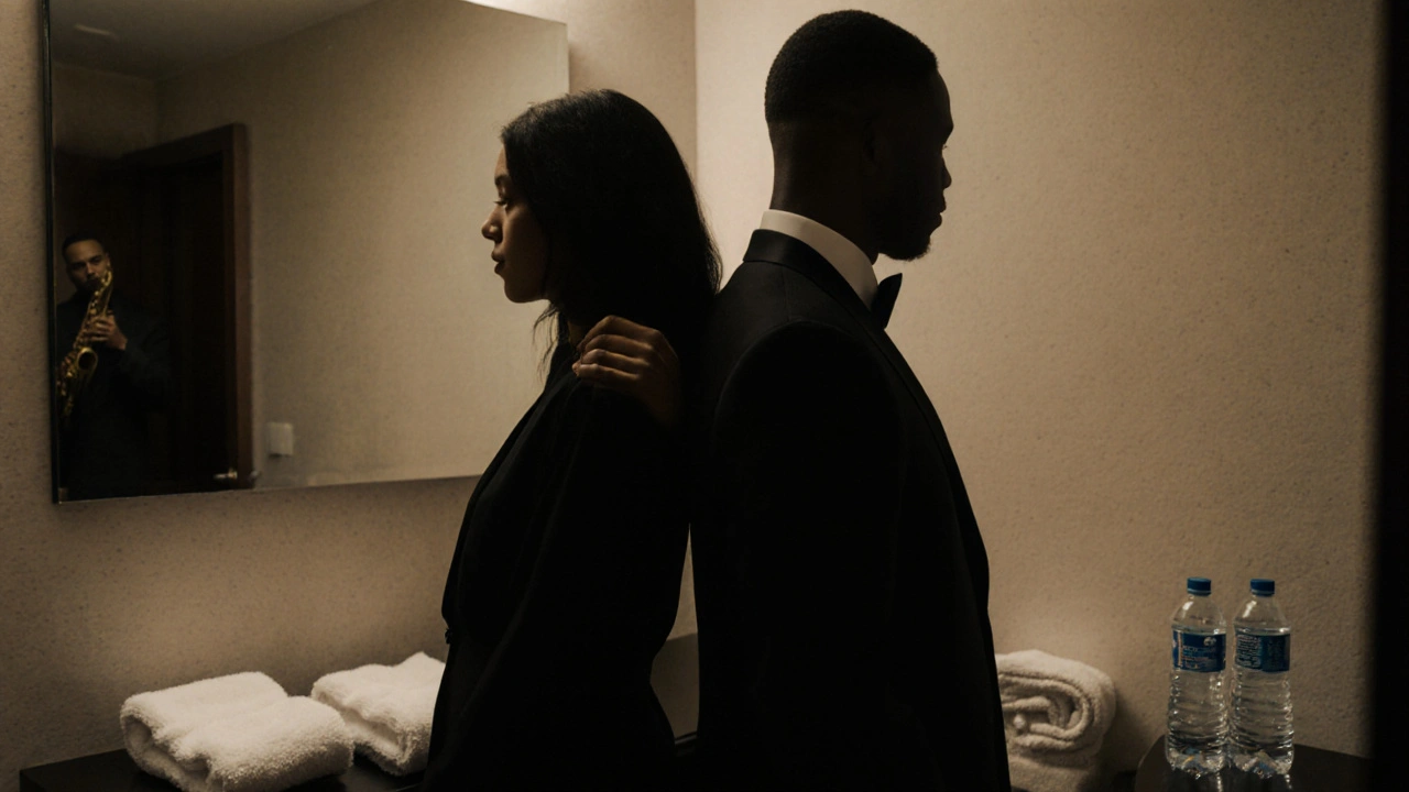 A couple standing back-to-back in a private room, clothed and connected, with a ceiling mirror reflecting their silhouettes.