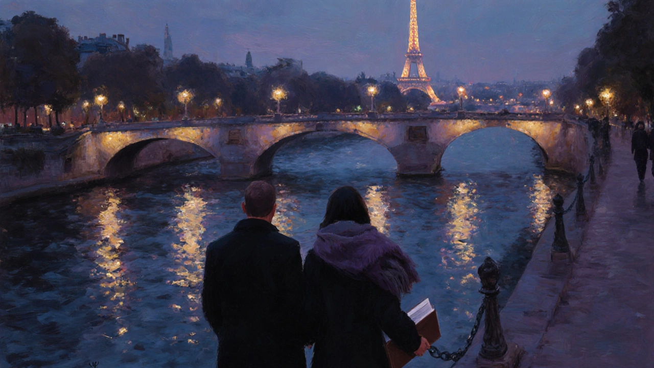 A couple walking peacefully along the Seine at dusk, reflections glowing on the water.