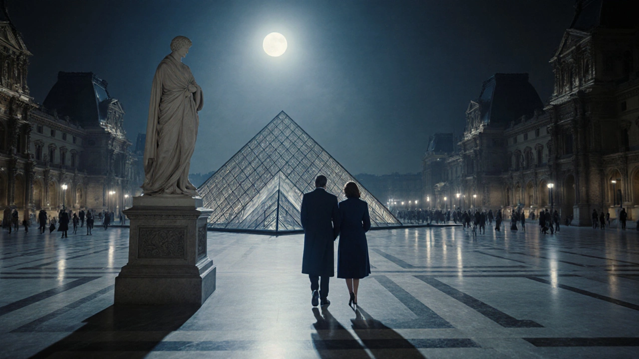 A couple walking silently through the empty Louvre after hours, admiring art under moonlight.