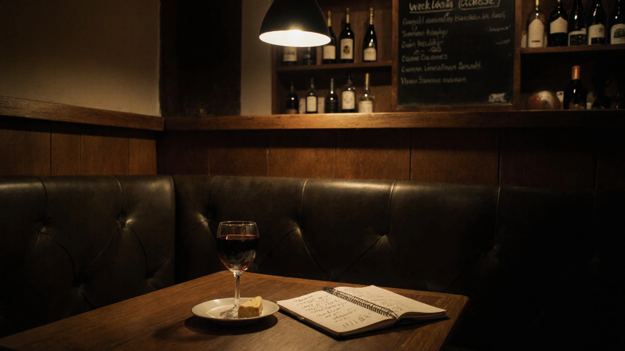 A cozy Parisian bar corner with wine, cheese, and handwritten notes under warm lamplight.