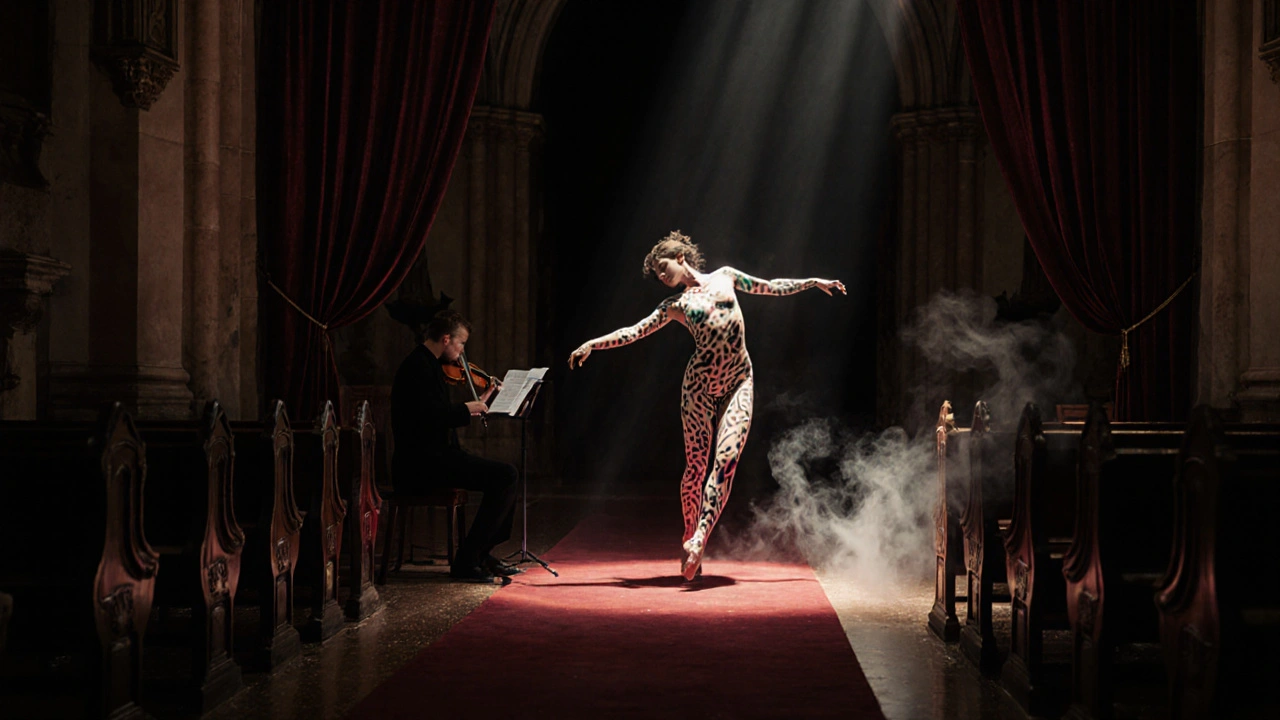 A dancer performs under strobe lights in a converted church, surrounded by shadows and projected art.
